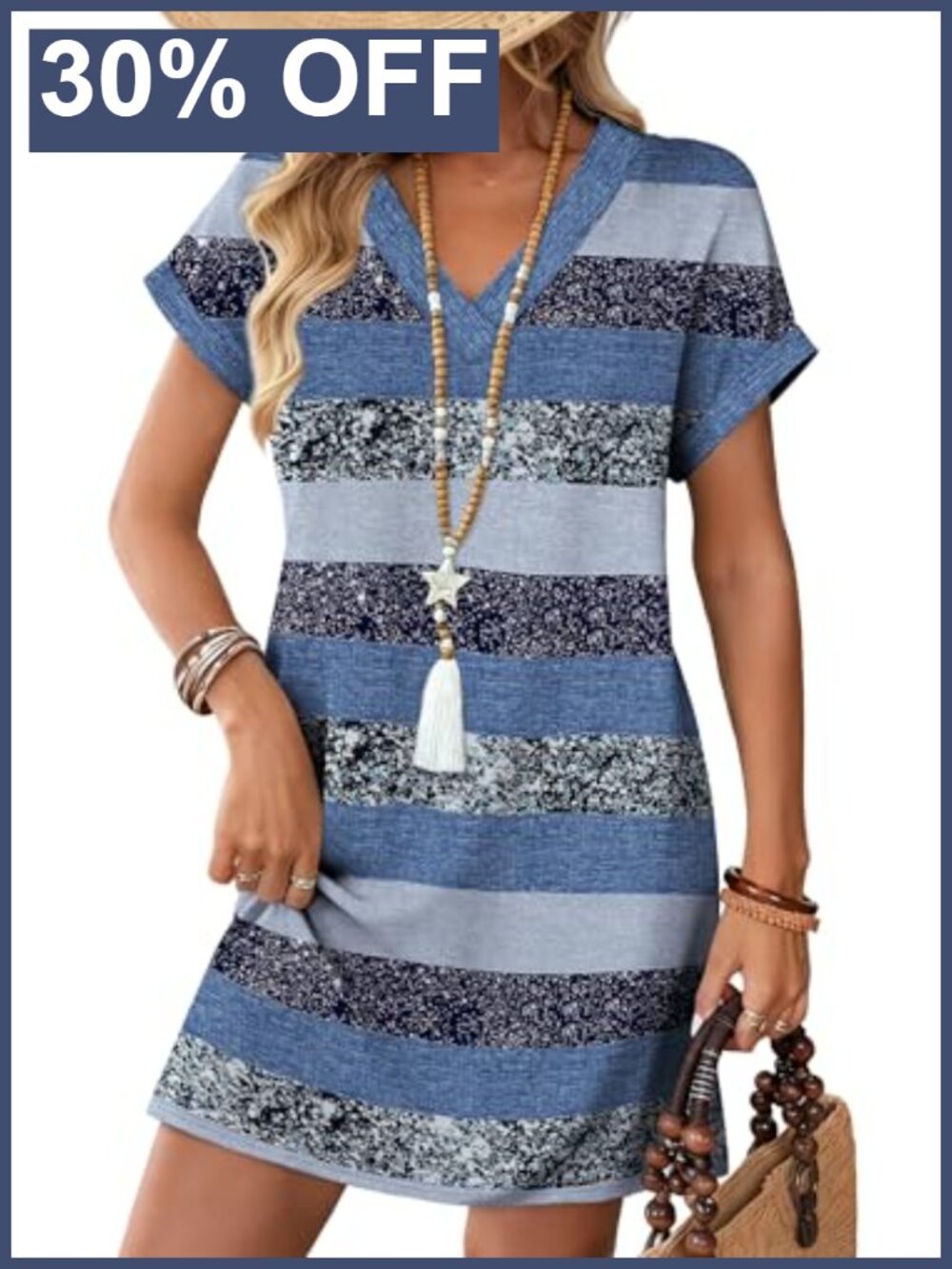 Casual Tshirt Dress for Women Midi Beach Vacation Short Sleeve V-Neck